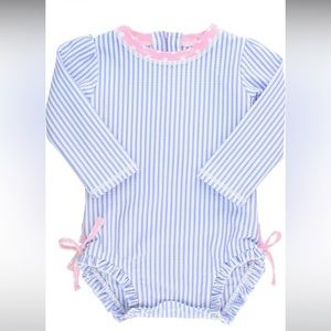 Rufflebutts Long Sleeve Seersucker Swim With Coordinating Hat - worn only once!